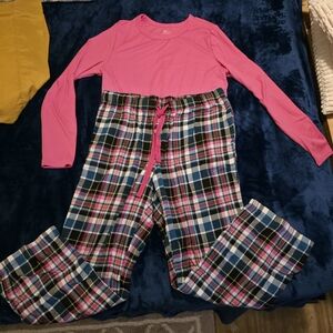 Womans  Pink Long-Sleeve Top & Plaid Pajama Pants Set